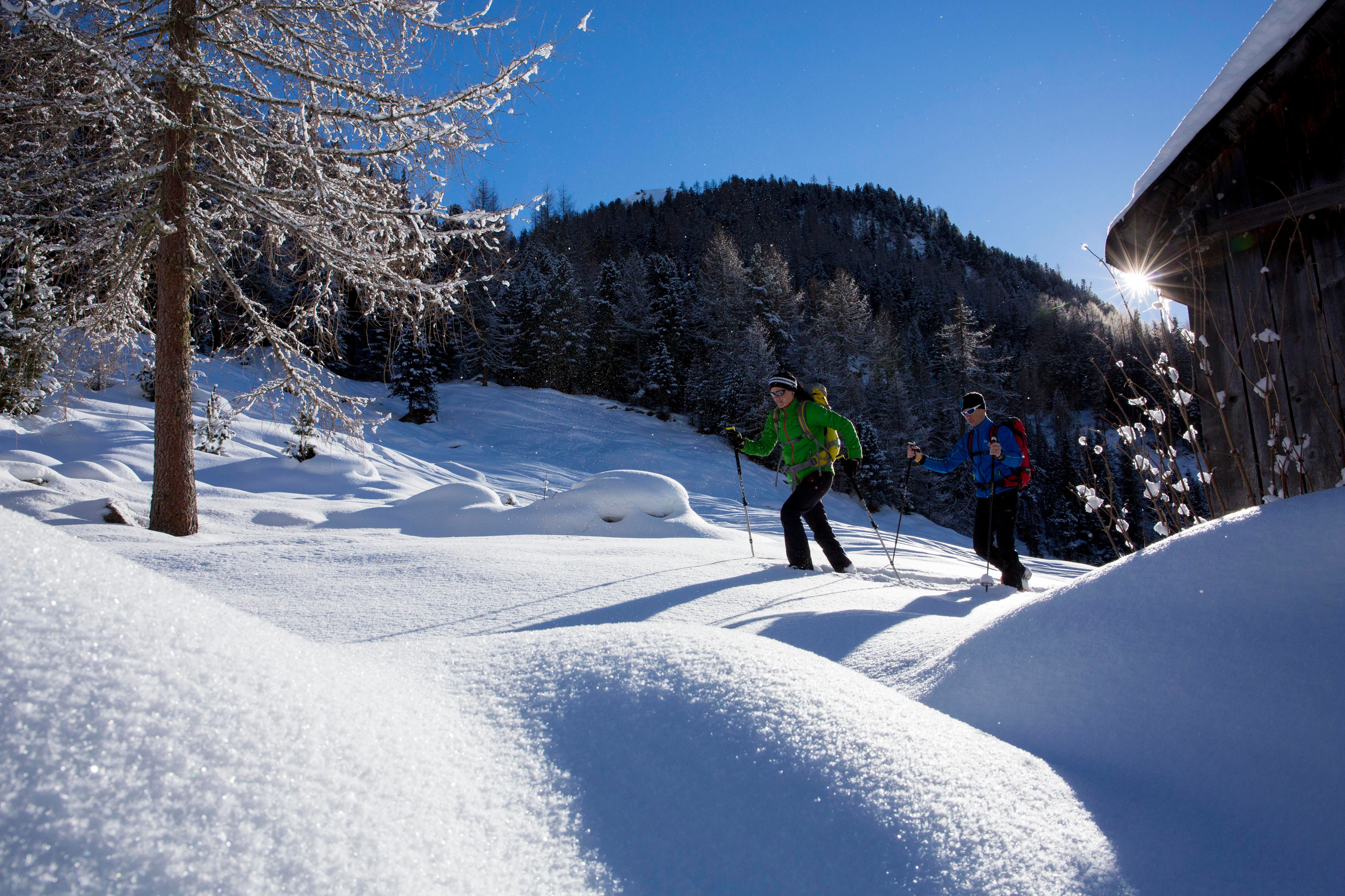 Two people are walking through a snowy landscape. The sun is shining, and the trees are covered with snow.