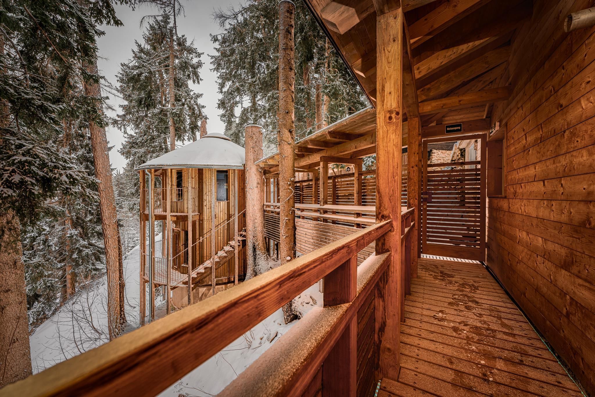 A wooden terrace in a snowy forest. Next to the terrace stands a round wooden treehouse.