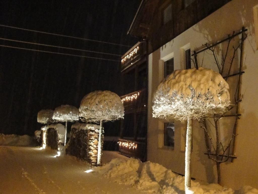 A snow-covered path at night with illuminated trees and a historic building in the background. The lights create a cozy winter atmosphere.