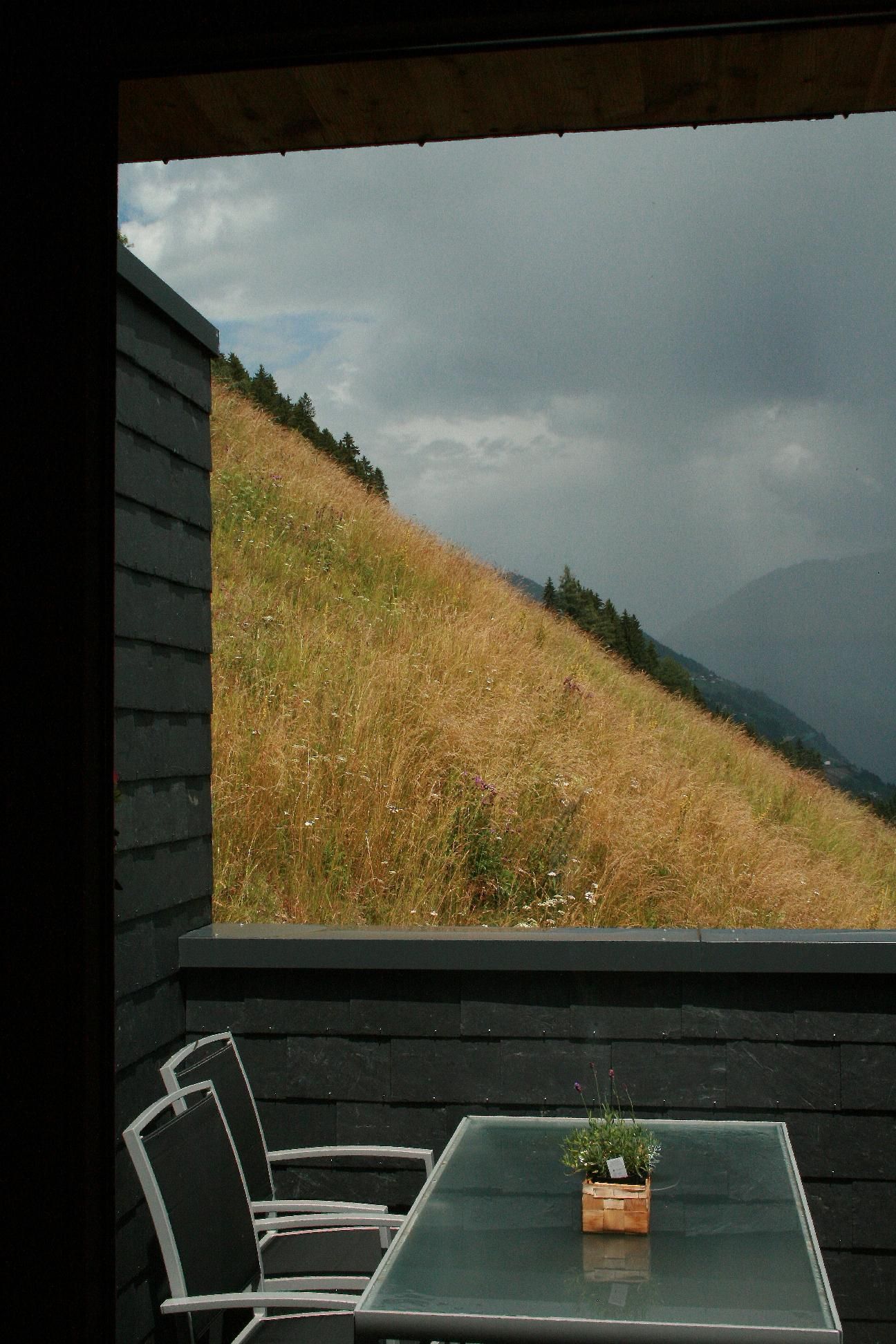 A view from a terrace overlooking a green hilly landscape. The sky is overcast and provides a calm, natural atmosphere.