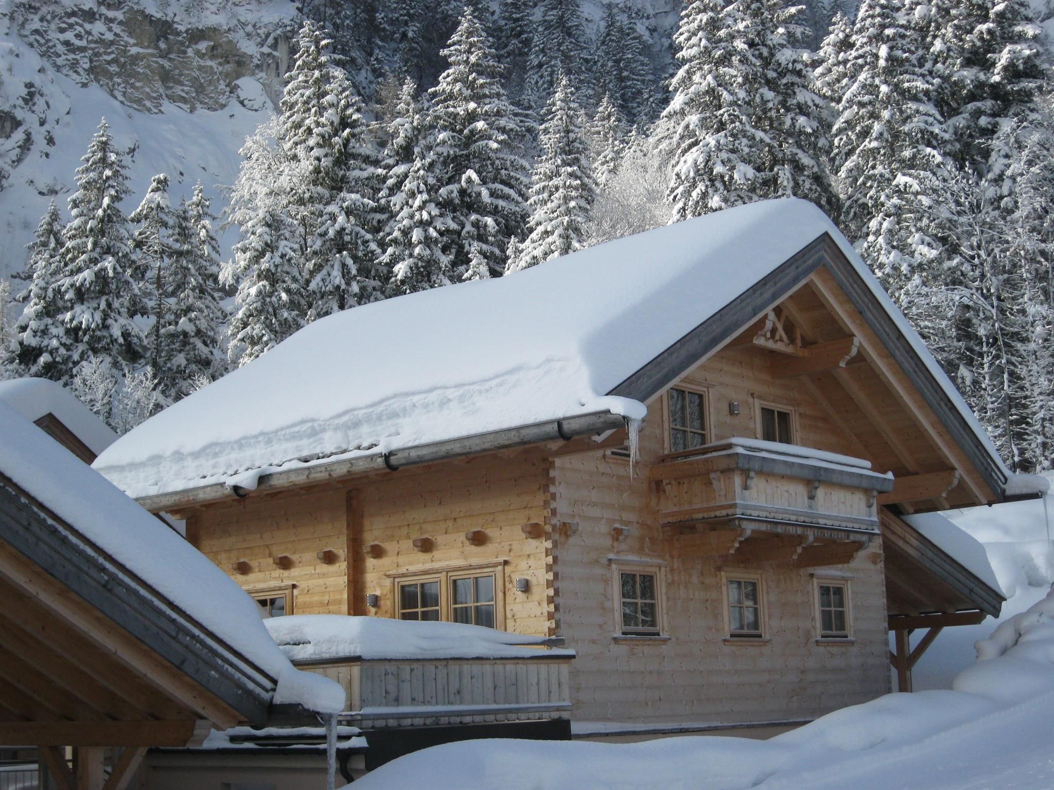 A cozy wooden house in the snow, surrounded by tall, green fir trees. The snow on the roof adds a wintry atmosphere to the image.