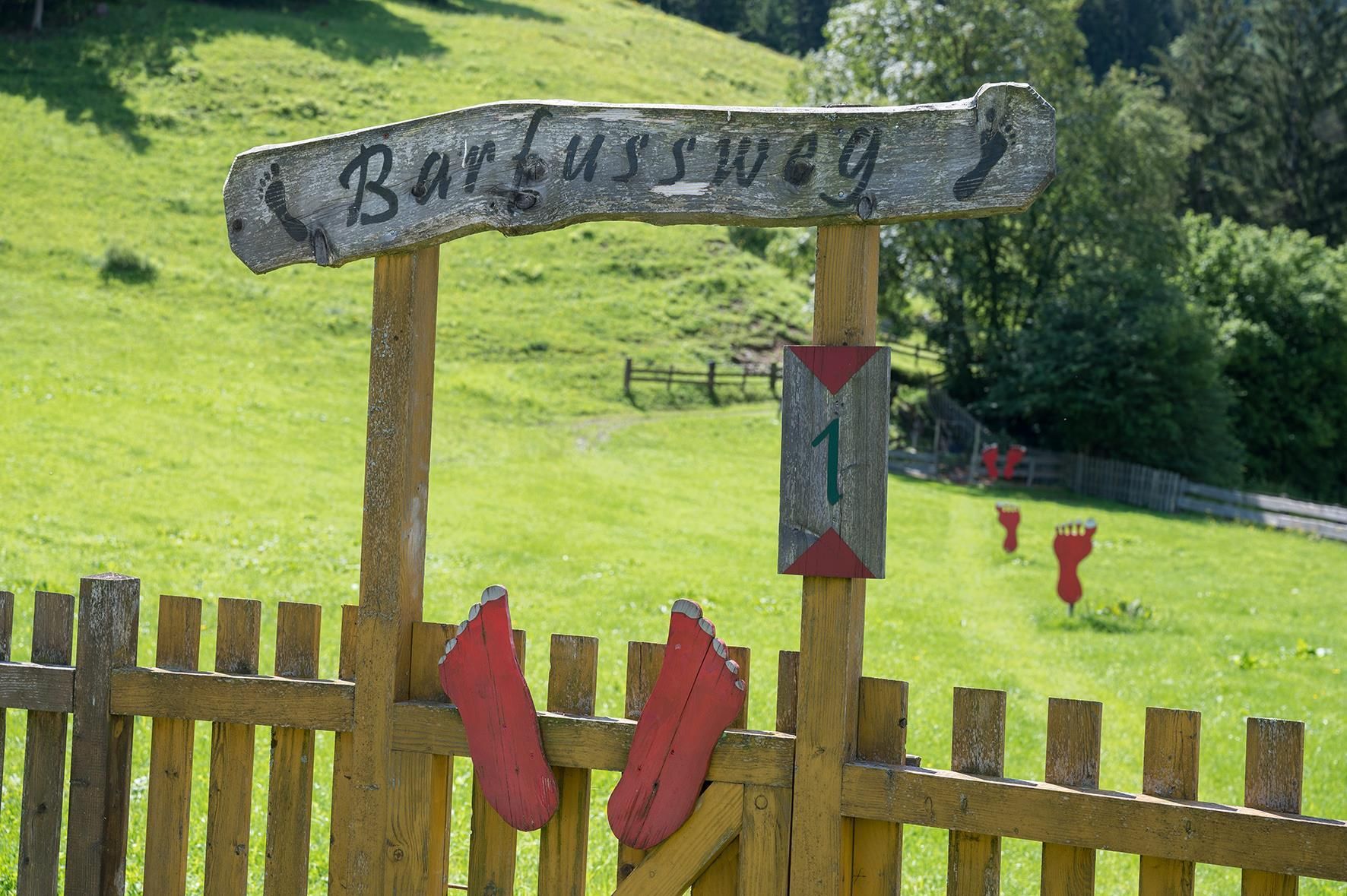 An entrance to the barefoot path with a wooden sign. Red footprints are visible on the green meadow.