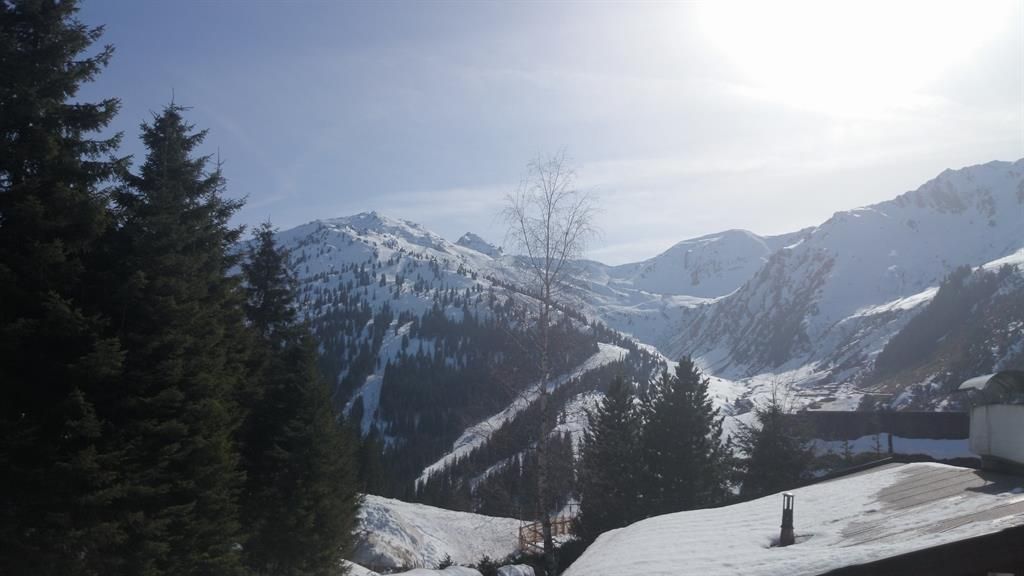 A picturesque mountain landscape with snow-covered peaks and green fir trees. The sky is clear and sunny.