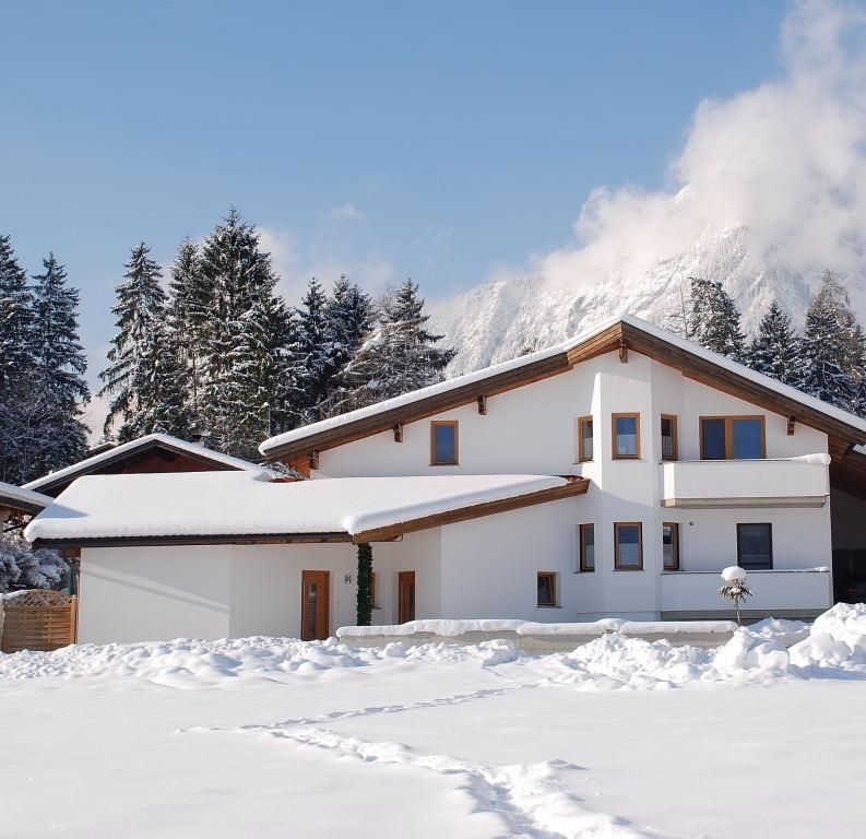 A modern house in the snow with a picturesque mountain backdrop. Tall fir trees surround the building.