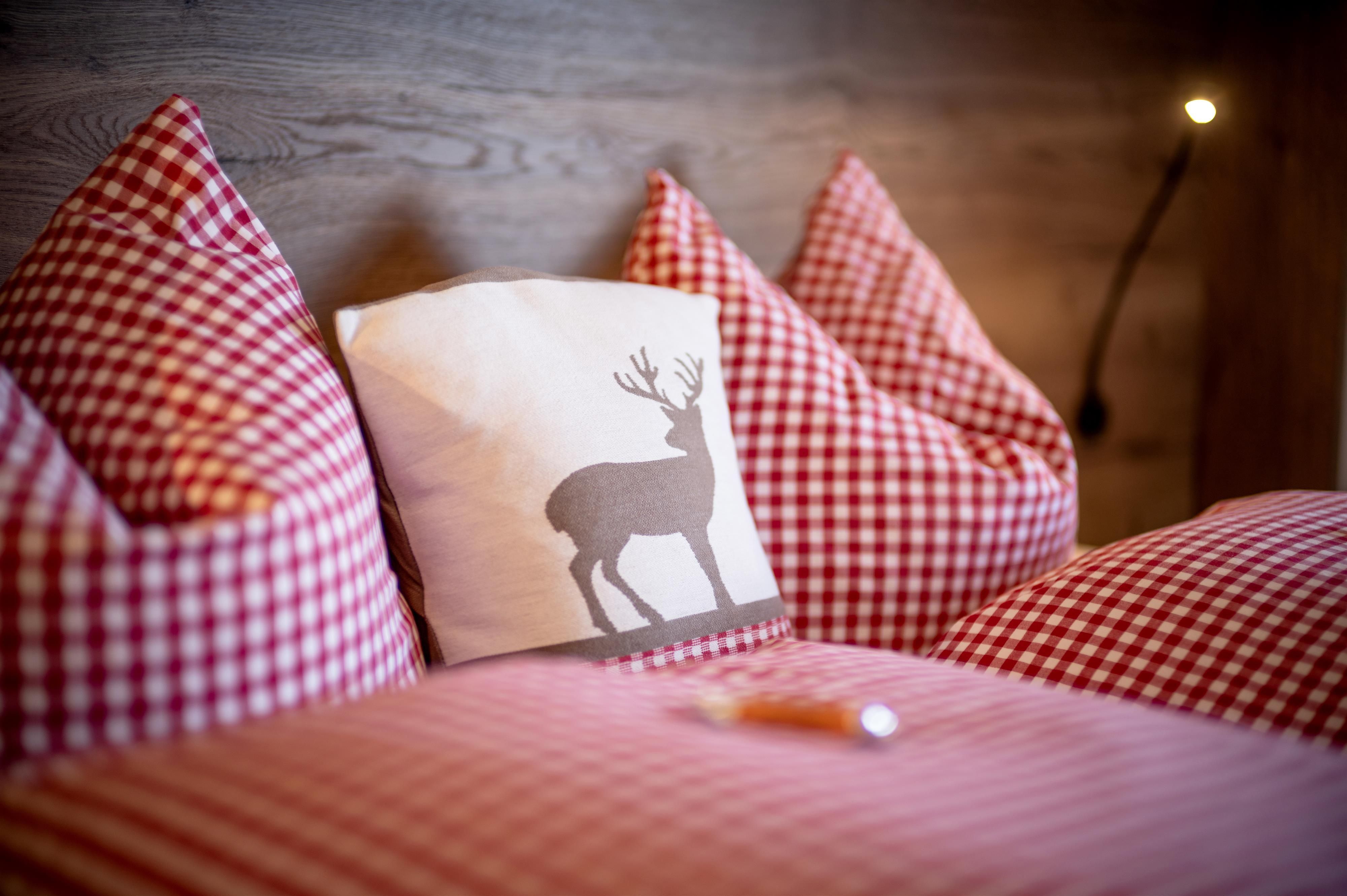 A cozy sofa with checkered cushions and a decorative pillow featuring a deer motif. The background is made of wood and creates a warm atmosphere.