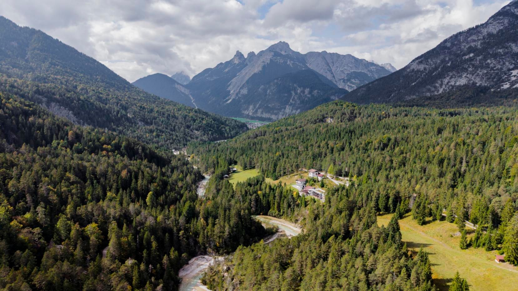A vast landscape with dense forests and majestic mountains in the background. A river winds through the green surroundings.