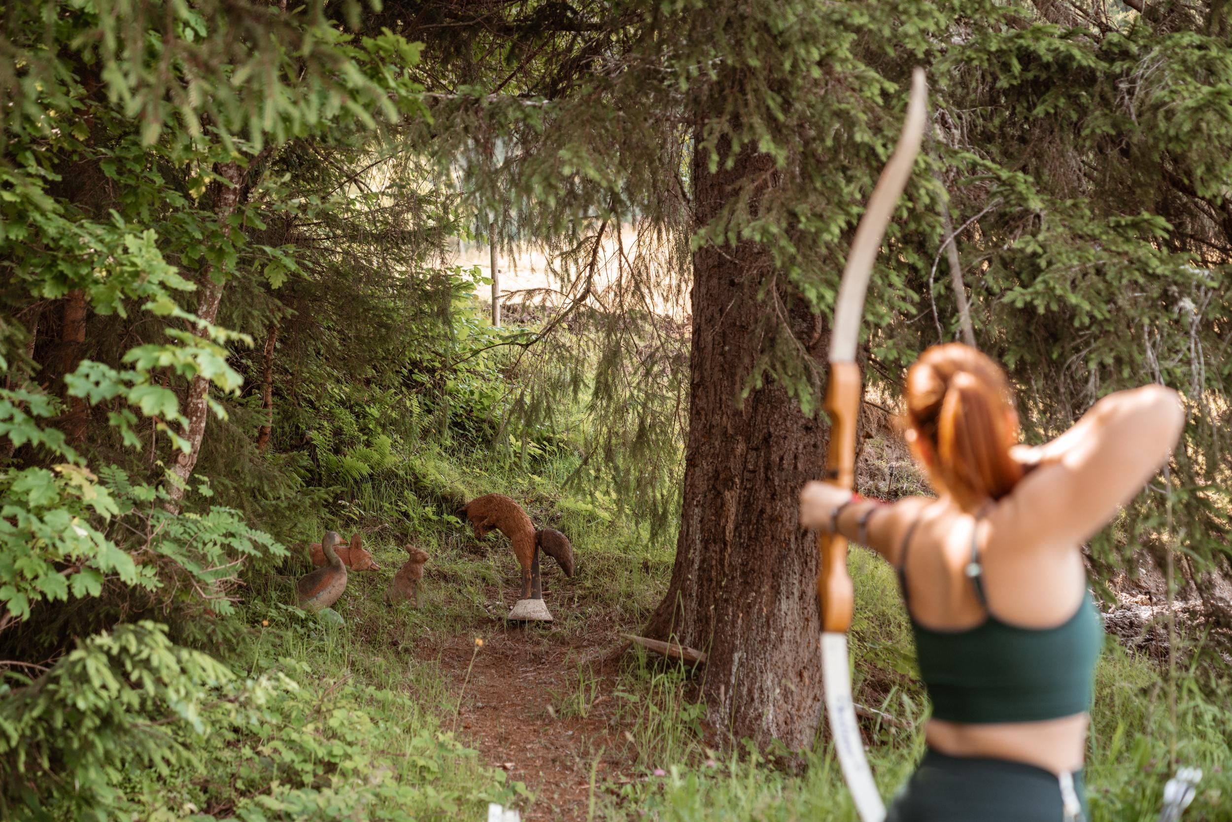 A person with a bow is aiming at a target in a forest. In the background, animals can be seen vaguely.