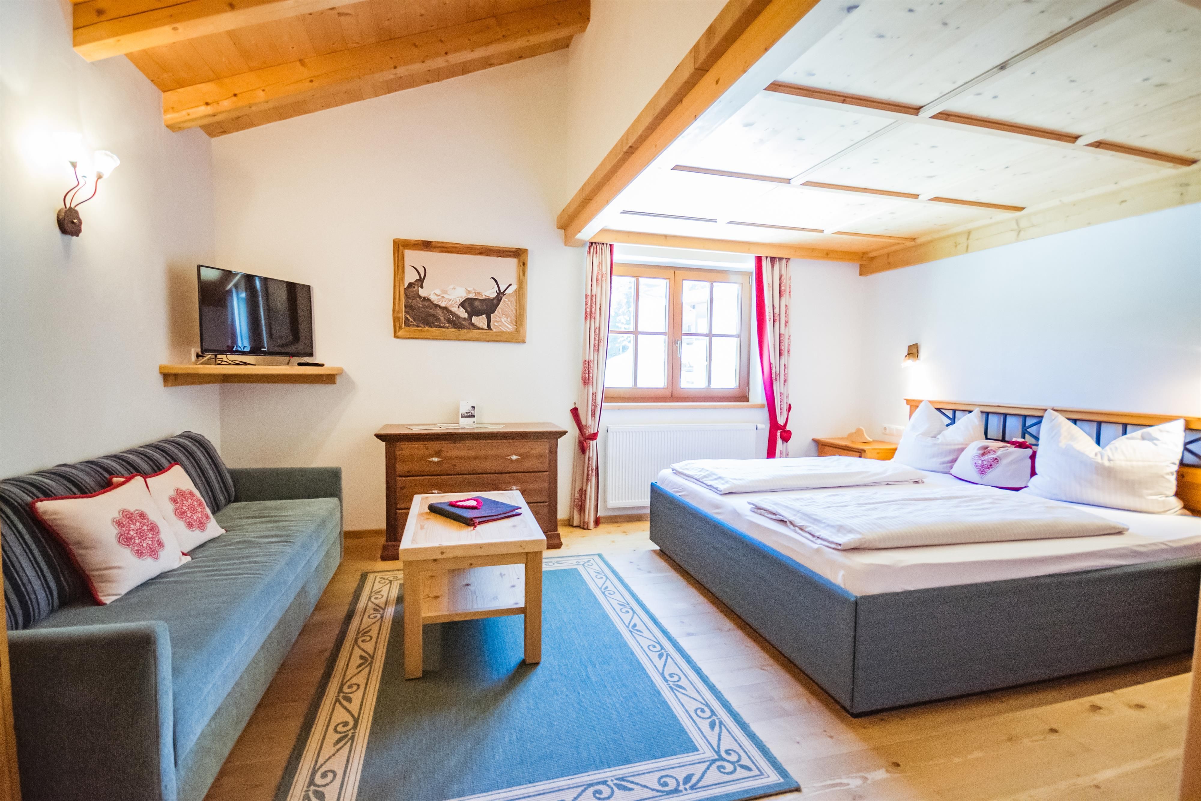 A cozy room with a double bed and a sofa. There is a television and large windows that let in plenty of light.