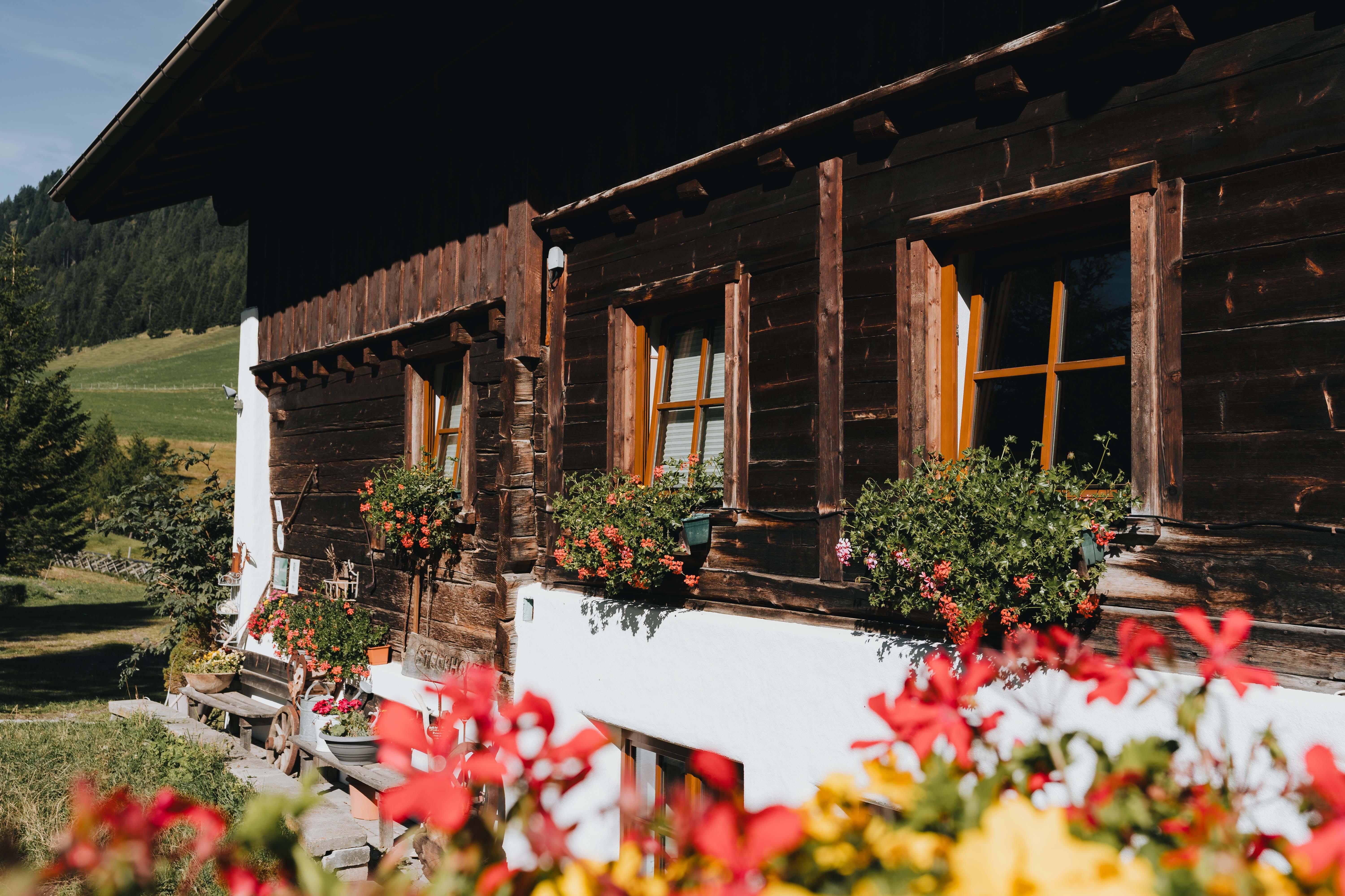 A traditional wooden house with colorful window boxes and beautiful flowers. In the background, green meadows and mountains can be seen.