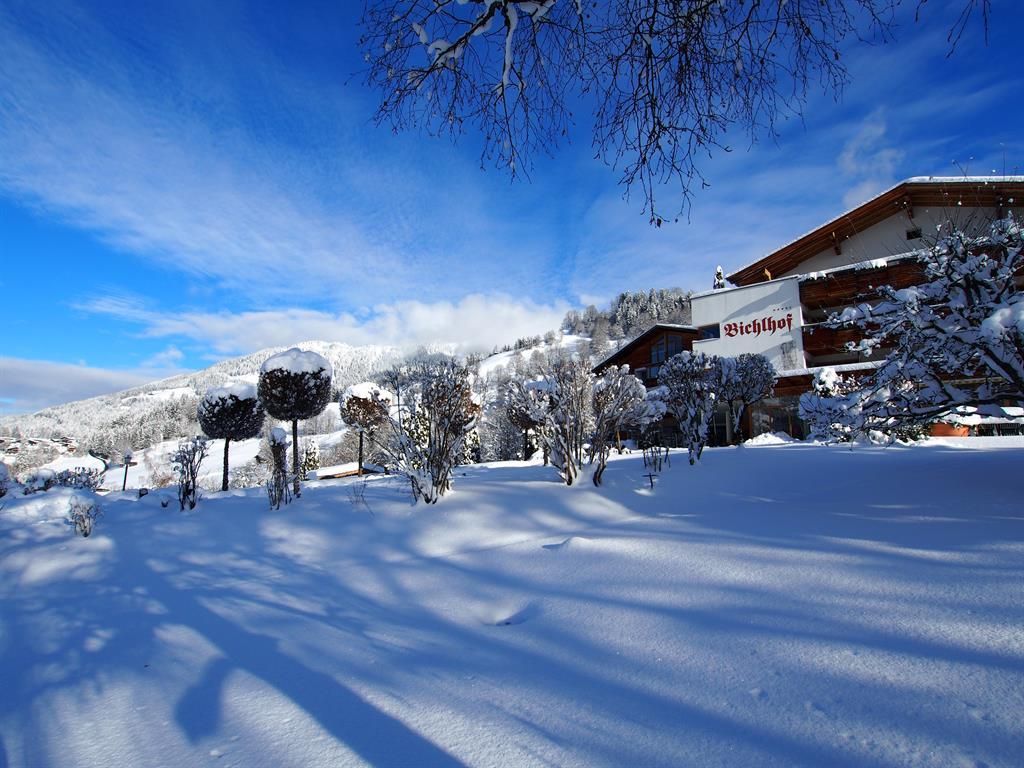 A snowy landscape with snow-covered trees and a beautiful house in the background. The sky is clear and blue, creating a peaceful winter atmosphere.