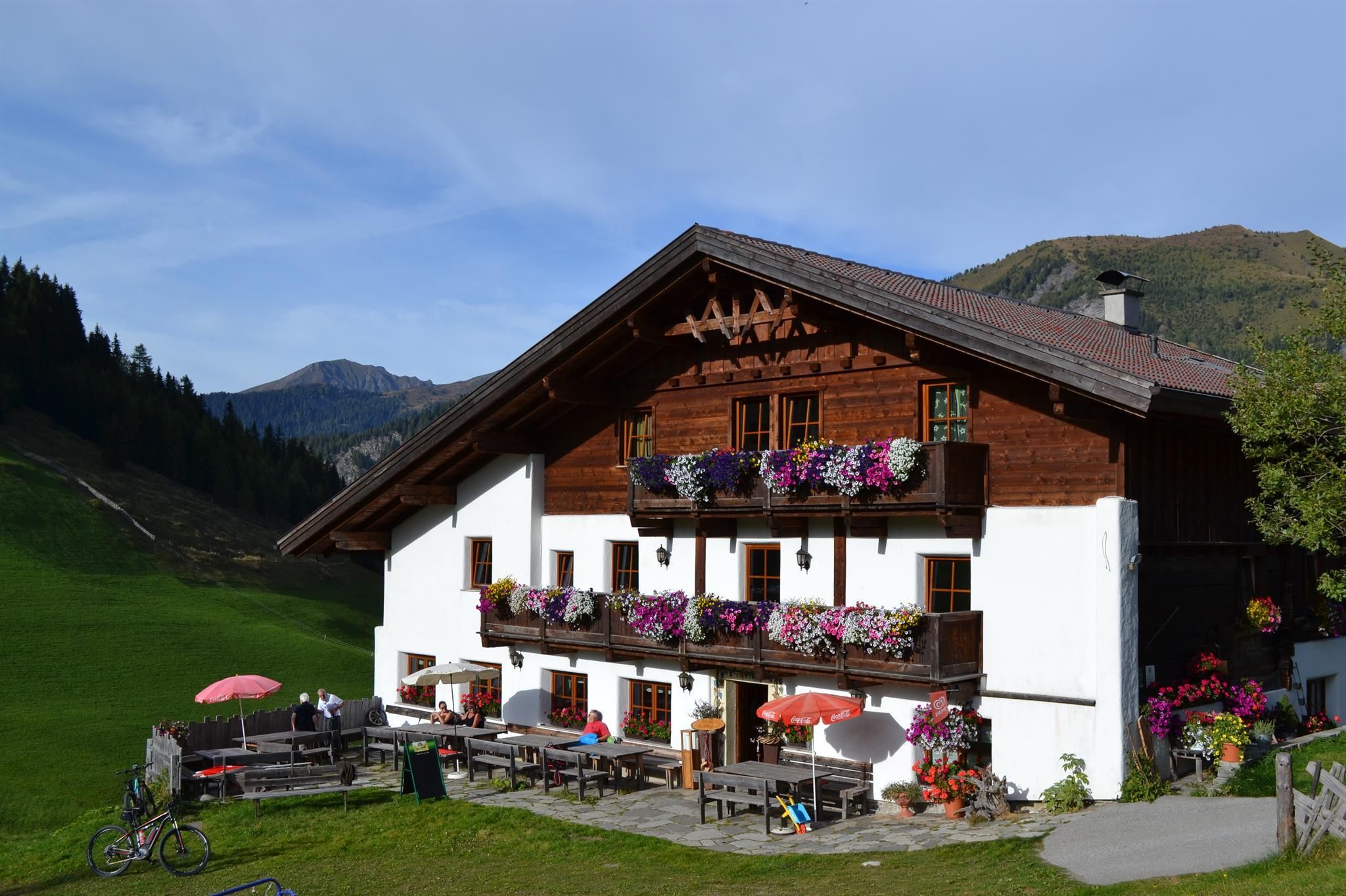 A charming chalet with blooming balconies and a sunny outdoor area. In the background, green mountains rise under a clear sky.
