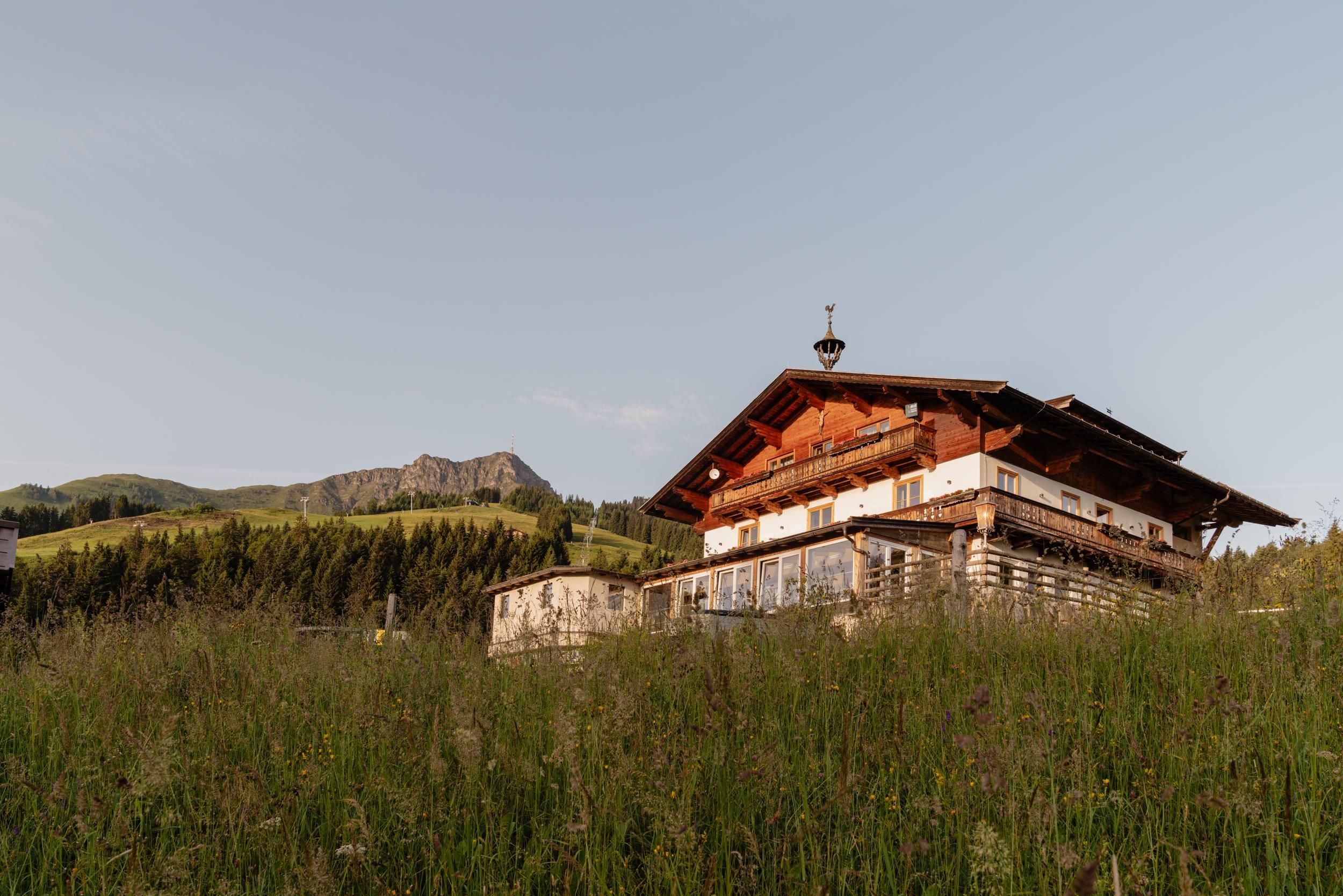 A traditional Alpine house surrounded by green meadows. In the background, gentle hills and mountains can be seen.