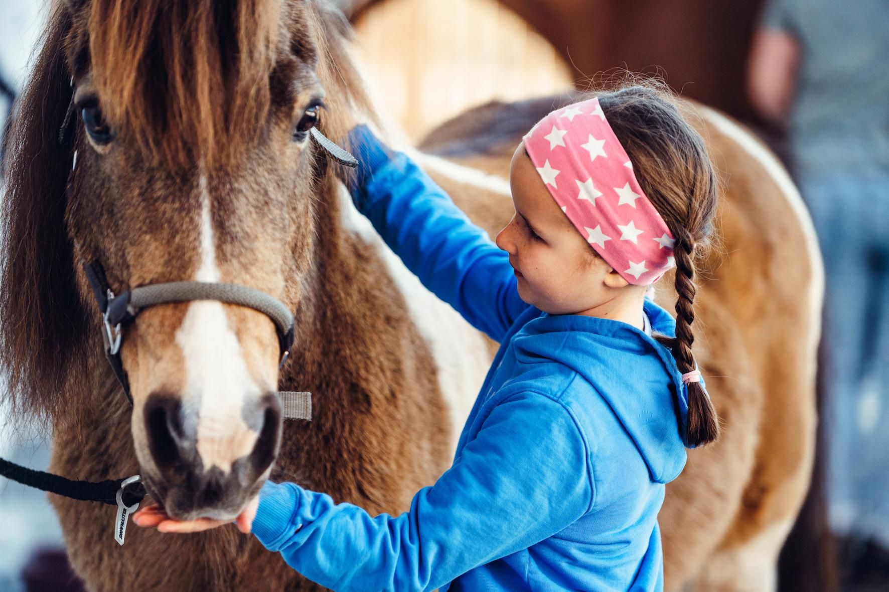A girl is petting a pony in a stable. She is wearing a blue sweatshirt and a headband with stars.