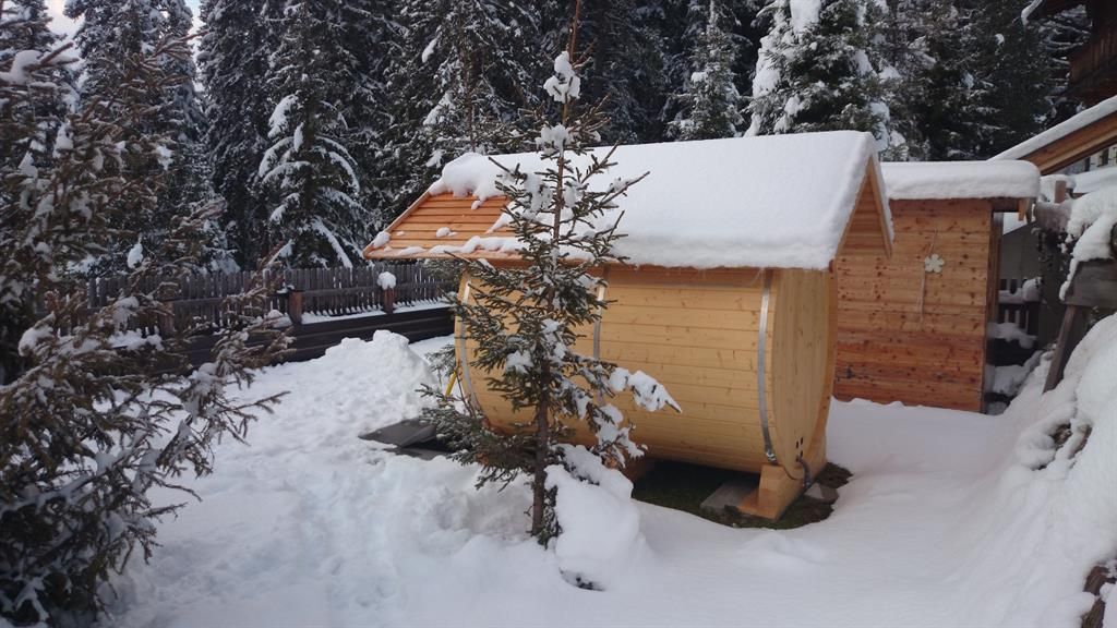 A cozy wooden cabin in the snow, surrounded by green pine trees. The cabin has a snow-covered roof and emanates a wintry atmosphere.