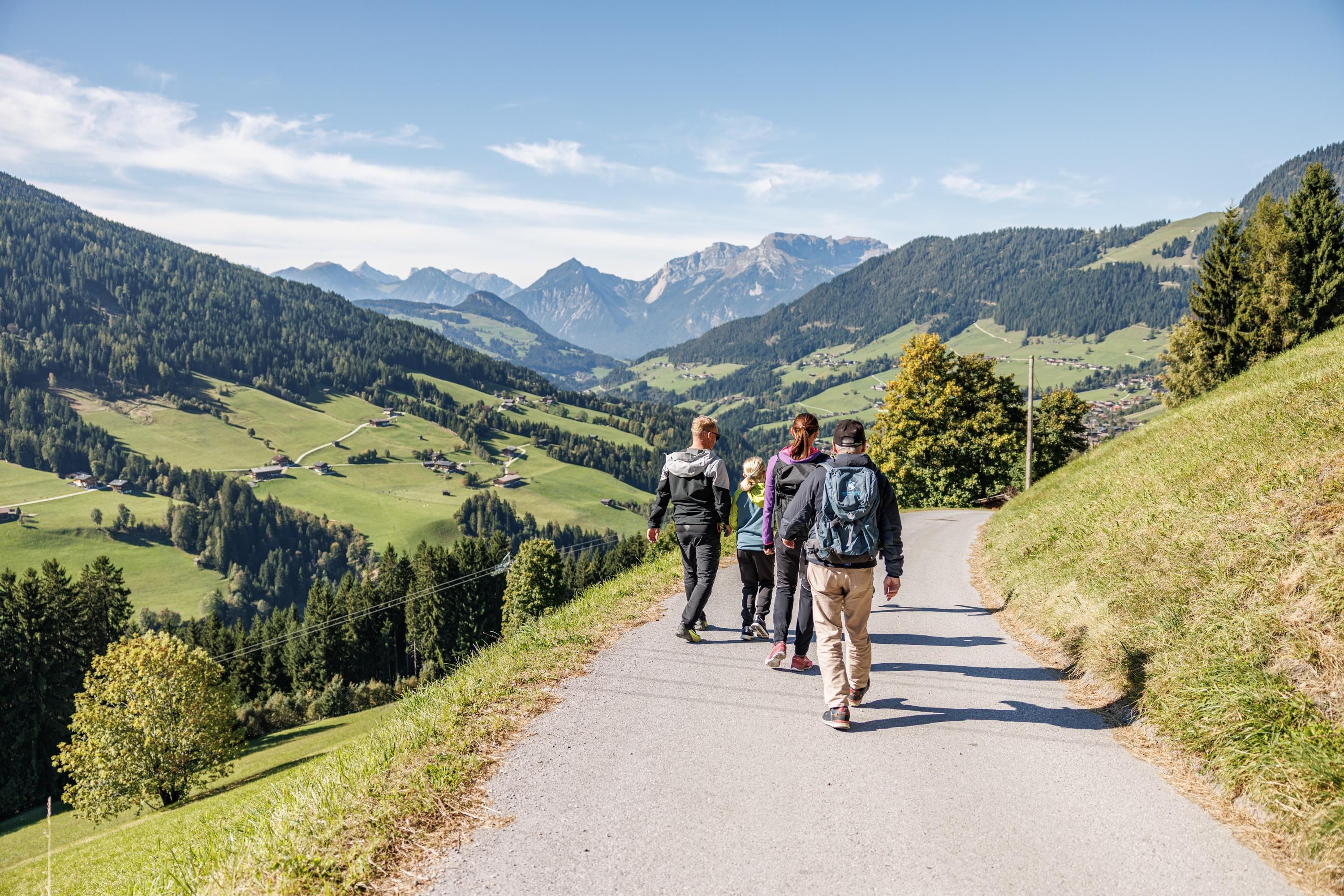 A group of hikers enjoys the picturesque view in the mountains. The sunny landscape is surrounded by green meadows and high mountains.